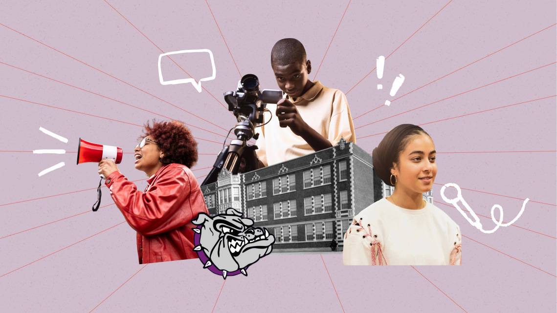 A collage of three teenagers speaking their minds next to an image of Garfield High School's building and mascot.