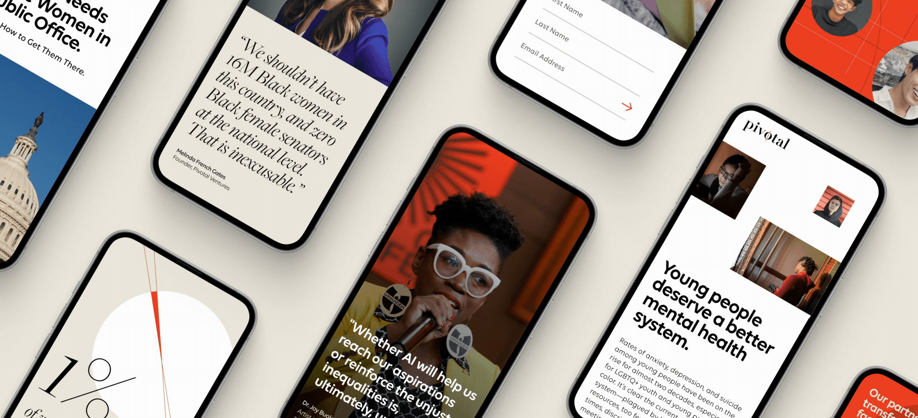 Smartphones displaying different articled on Pivotalventures.org