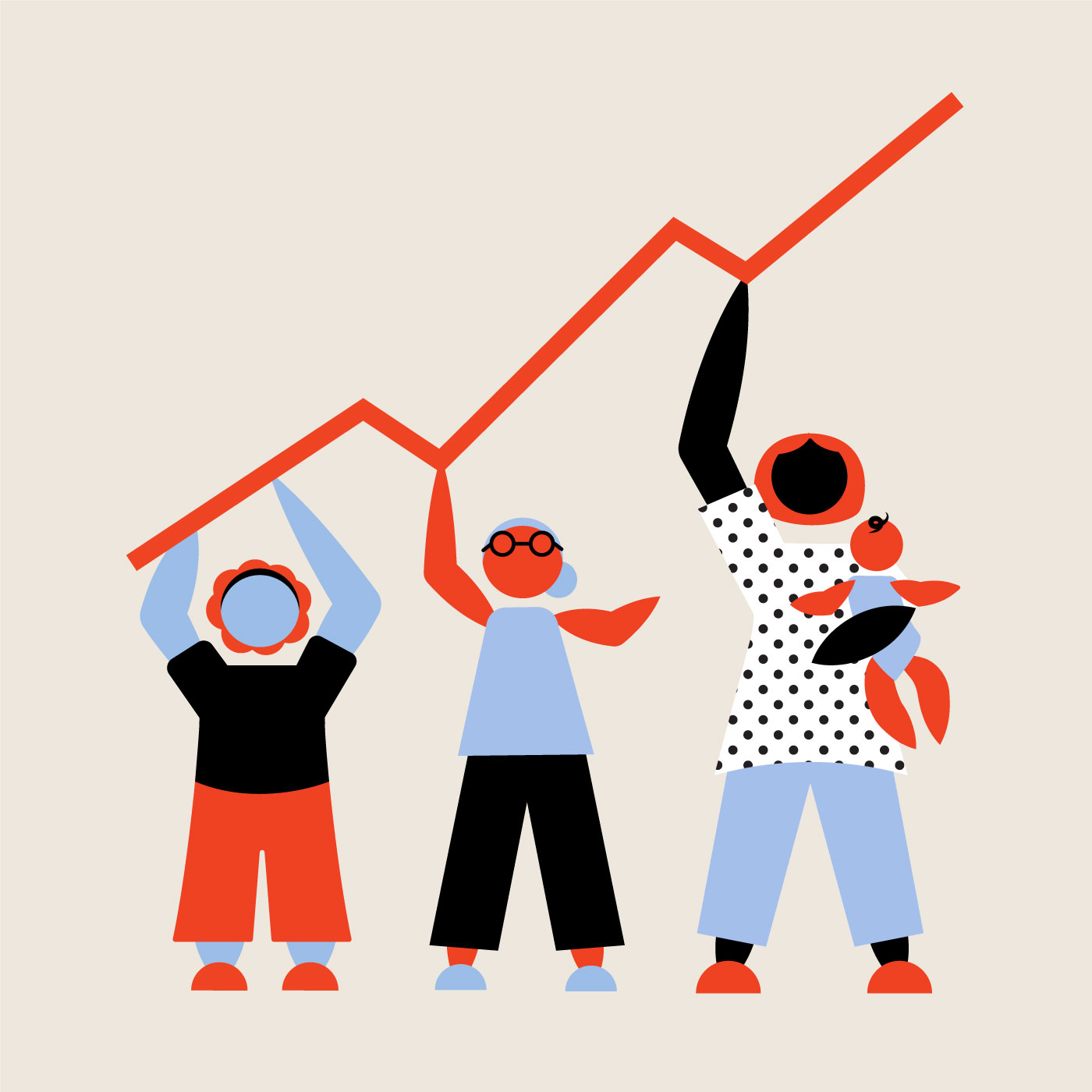 Illustration of three women holding up a chart line that is increasing